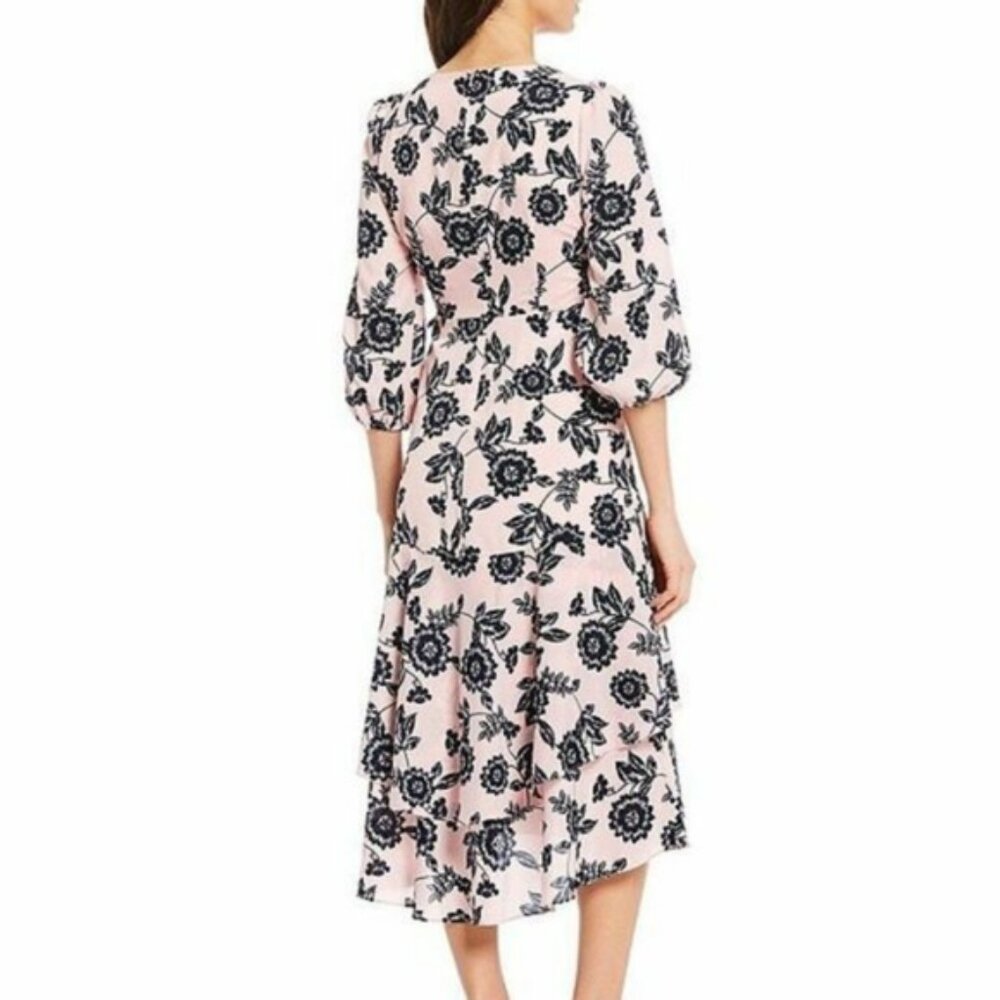 NWT Eliza J Womens Size 12 Pink Navy Floral Faux Wrap Long Sleeve Midi Dress NEW - Picture 3 of 8